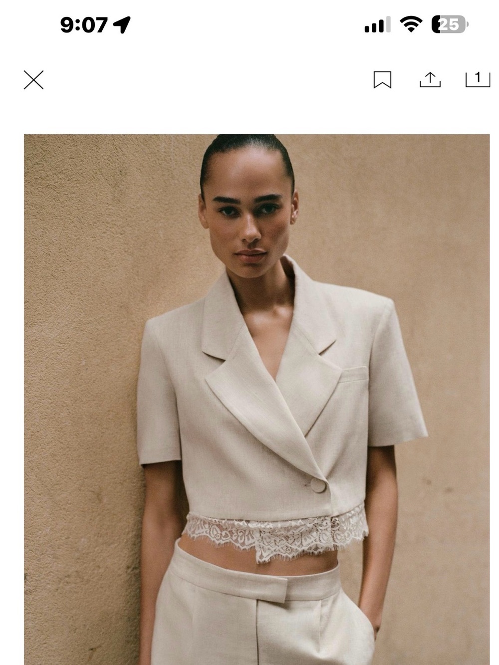 Zara Cream Cropped Short-Sleeve Blazer with Lace Trim & Matching Pants